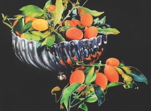 Pedro Diego Alvarado-Rivera, Reflejos de Naranjas Chinas, 2024, Oil on linen, 36.61 x 42.32 in, 93 x 107.5 cm