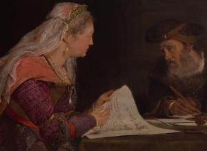 Aert de Gelder, Esther and Mordecai, circa 1685, oil on canvas, 23 1/2 × 56 1/2 in., Rhode Island School of Design Museum, Providence, Museum Appropriation Fund, 17.138