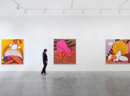 three large paintings by Grace Weaver in a white gallery with one person looking at them