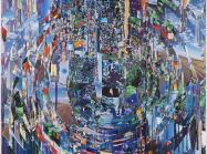Sarah Sze abstract collaged painting in swirling blues