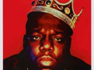 Portrait of Notorious BIG wearing a plastic crown in front of a red background