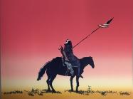 a dark figure with a long spear riding a black horse set against a red sky