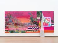 Let Us Gather in a Flourishing Way installation view. Patrick Martinez, Promised Land, 2022. Acrylic, stucco, neon, Mean Streak, ceramic, spray paint, latex house paint, banner tarp, ceramic tile, tile adhesive, and family archive photo collage on panel. 84 × 192 × 7 in. (213.4 × 487.7 × 17.8 cm). Collection Buffalo AKG Art Museum, George B. and Jenny R. Mathews Fund, 2022.