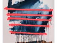 blue and brown dripping paint covered by horizontal, vibrant spraypainted lines 
