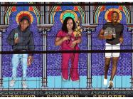 billboard with three works of art