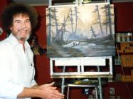 5. Bob Ross- Happy Accidents, Betrayal & Greed - Production Still of Bob Ross with a finished painting.