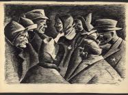 drawing by holocaust survivor Peter Loewenstein in black and white ink depicts a scene from the Holocaust using faces, profiles, and jackets with stars on them