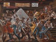 The Sugar Shack, 1976. Ernie Barnes (American: 1938-2009). Acrylic on canvas, 36 x 48 in. On loan from the Collection of William O. Perkins, III and Lara Perkins.