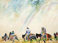 Earl Biss, Apsáalooke (Crow), 1947 – 1998, A Ride in the Sweet Grass, oil on canvas, 50 1/8 x 80 1/8 in. (127.3 x 203.5 cm.), frame: 57 1/8 x 87 1/8 x 1 1/4 in. (145.1 x 221.3 x 3.2 cm.) Estimate: 30,000-60,000