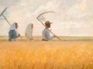 Anna Ancher painting of 3 figures walking in a wheat field holding scythes