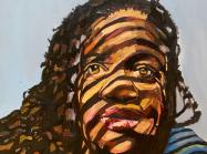 Beverly McIver painting of a black woman with striped shadows falling across her face