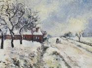 Camille Pissarro titled Route Enneigée avec Maison shows a snowfield, trees and house 