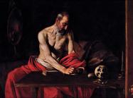 Muscular, shirtless Saint Jerome sits wrapped in red fabric, writing as though in transfixed state, atop a table that also bears a skull.