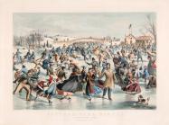 old-fashioned currier & ives lithograph of crowds at an outdoor ice skating rink