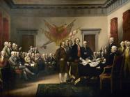 John Trumbull large-scale painting of the Declaration of Independence, showing a room full of older white men in black coats