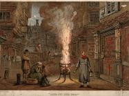 A street during the plague in London with a death cart and mourners. "Bring out your dead." Edmund Evans. London.