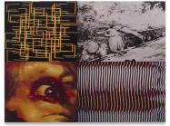 Gretchen Bender, Gremlins, 1984. Four dye-sublimation prints mounted on Dibond, top right photograph by John Hoagland: Two young girls found alongside the highway to Comalapa Airport, April 1980 130.8 x 174 cm | 51 1/2 x 68 1/2 inches