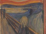 Edvard Munch, The Scream, 1893 painting of a wavy figure with hands raised to face and mouth open screaming in front of a fiery sky