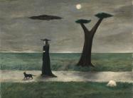 Gertrude Abercrombie surrealist painting of a woman in black walking a dog with black trees against a grey sky