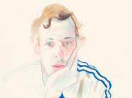 David Hockney drawing of a man wearing a track jacket with his chin resting in his palm