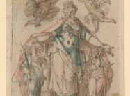 Bartholomeus Spranger, Saint Ursula, c. 1583. Pen and brown ink over traces of black chalk with pink and teal watercolor washes in a Venetian ca. 1590 aedicule frame.