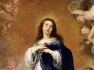 close up image of the virgin mary in blue surrounded by floating pitti on a tan background