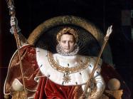 portrait of napoleon seated on his throne with furs and with gold laurel crown and staffs