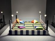 a bed or sitting area designed to resemble a boxing ring. With pillows in four corners and the ropes, lights and elevated platform of a ring.  