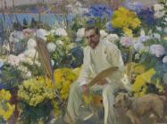 Joaquín Sorolla y Bastida painting of a man in all white seated at an easel amongst a flower bed with yellow and white blossoms