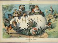- Summary: Illustration shows the rulers of "Russia," "Germany," "Italy," "Austria," "France," and "England," as chickens trying to hatch a large egg labeled "China." A chicken labeled "Japan" stands in the background with Uncle Sam, also as a chicken, perched on a fence in the rear.