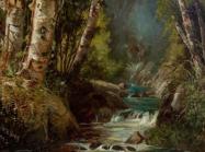 A cluster of birches (bottom of trunks only visible in this detail) sprout from the left side of the canvas, on the sloping edge of a woodland stream that is cascading delicately over rocks. 