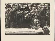 woodcut print to mourners gathering over a dead person