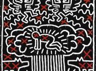 Keith Haring Untitled acrylic on vinyl tarpaulin with metal grommets 121 1/2 by 118 3/4 in. 308.6 by 301.6 cm. Executed in 1982.