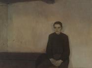 painting of a wan man in dark seated against a wall