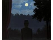 Rene Magritte painting of a man in a bowler hat silhouetted against trees at night with a full moon above
