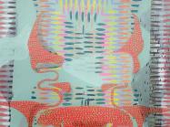 Mint blue and red are the primary colors on this canvas. The rest of the image is a rectangular entity composed of many small dash-like marks.