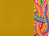 mustard, solid square to left, rainbow ribbons to the right