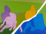 Tyeb Mehta painting of purple, yellow, and blue figures on green background