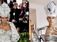 rhianna at the met gala in elaborate gown on left, on right a fan wears a gown recreated from newspaper