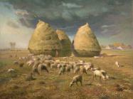 Millet painting of three haystacks with a herd of sheep set against a stormy sky