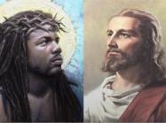 "traditional" and "unorthodox" (white and black) depictions of jesus side by side