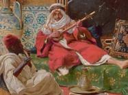Sotheby's Shares The Visionary Delights of Orientalist Art , two men sit playing instruments, one looks directly at the viewer