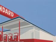 Ed Ruscha. Standard Station, Ten-Cent Western Being Torn in Half. 1964. Oil on canvas, 65 × 121 1/2” (165.1 × 308.6 cm). Private Collection. 
