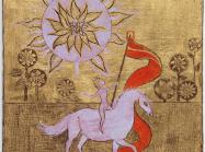 gold leaf is a back drop to a white horse and a field of flowers that resemble in style, the sun that watches over the scene