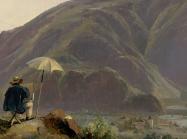 painting of artist painting outside in front of mountain