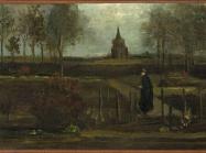 van gogh landscape of a lone figure with church ruins in the background