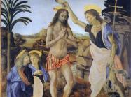 painting of christ with a halo and dove above his head with several angels, outside with a blue sky and trees