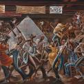 The Sugar Shack, 1976. Ernie Barnes (American: 1938-2009). Acrylic on canvas, 36 x 48 in. On loan from the Collection of William O. Perkins, III and Lara Perkins.