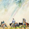Earl Biss, Apsáalooke (Crow), 1947 – 1998, A Ride in the Sweet Grass, oil on canvas, 50 1/8 x 80 1/8 in. (127.3 x 203.5 cm.), frame: 57 1/8 x 87 1/8 x 1 1/4 in. (145.1 x 221.3 x 3.2 cm.) Estimate: 30,000-60,000