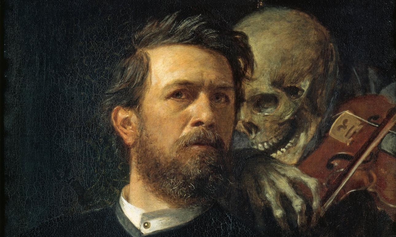 painting of death behind a man's shoulder